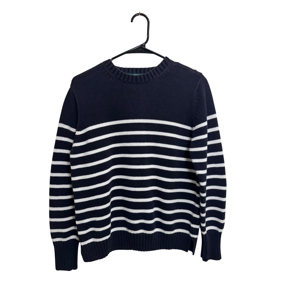 Marks & Spencer Navy Blue White Striped Button Shoulder Cotton Sweater UK 14